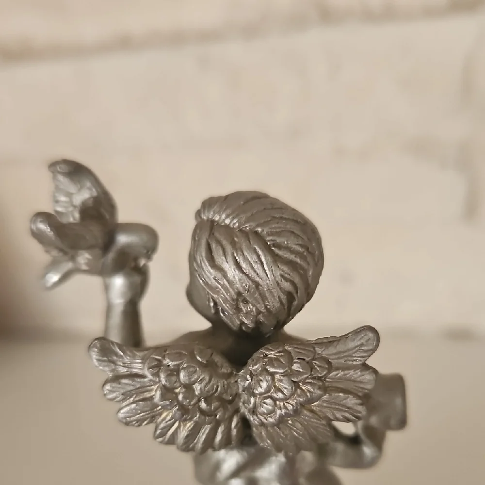 Vintage Pewter Cherub Angel Holding A Dove Figure. - Picture 6 of 12